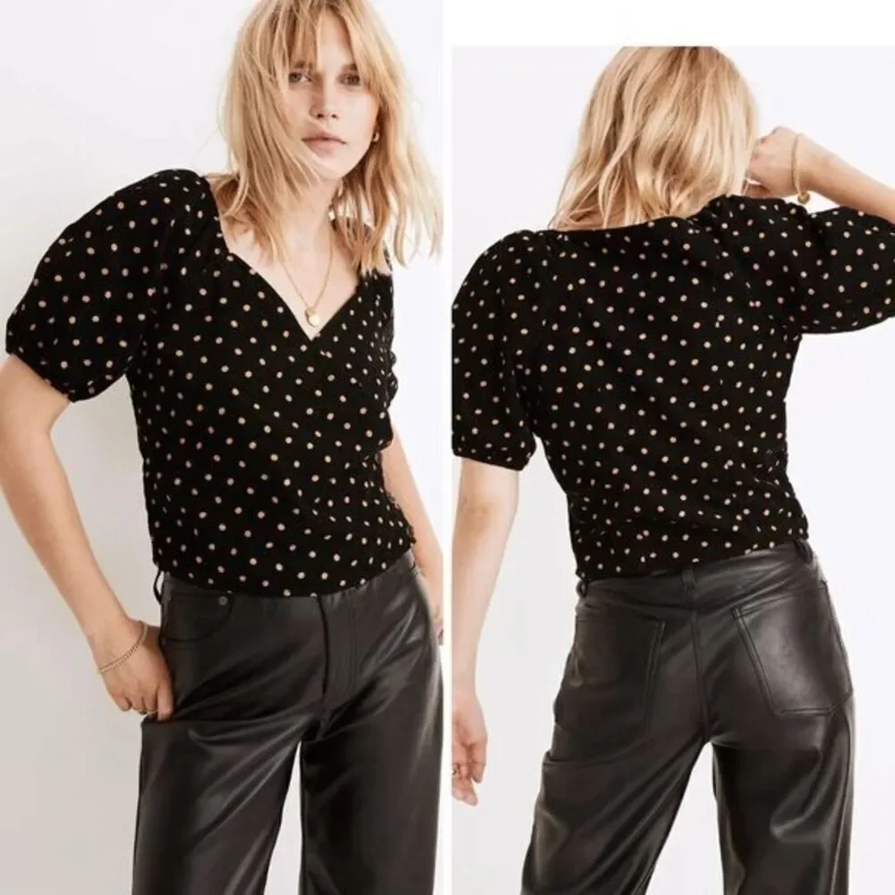 NEW Madewell Corduroy‎ Puff-Sleeve Wrap Top in Oval Dot, XS